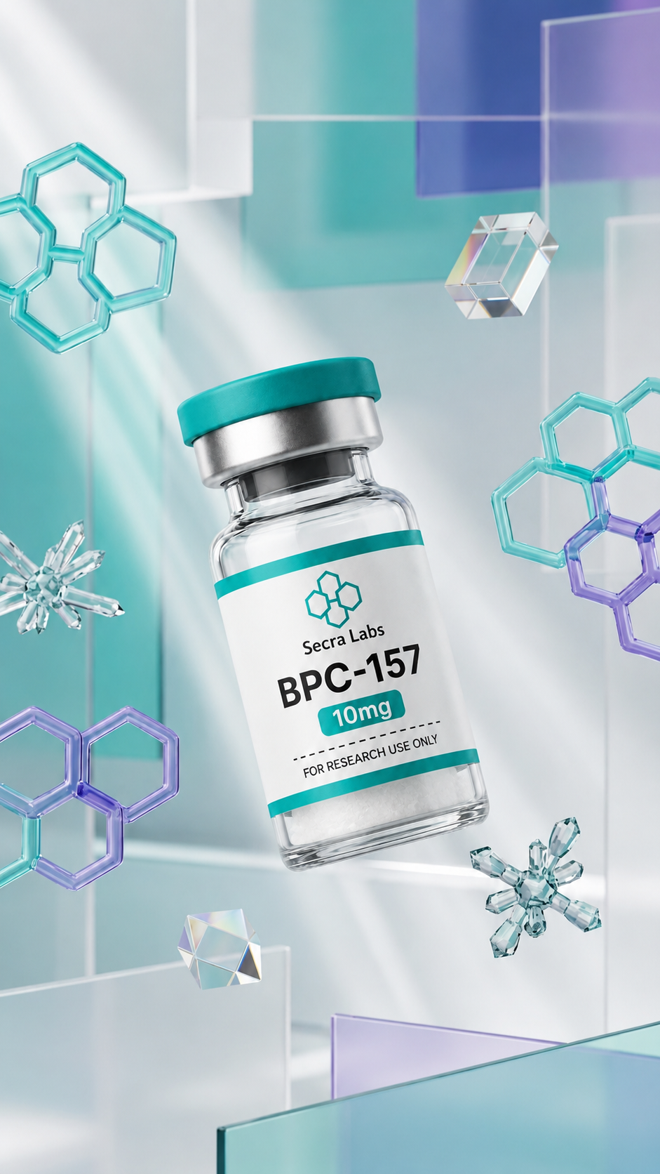 Secra Labs BPC-157 10mg research-use-only vial with teal and purple molecular graphics in a clean scientific product scene.