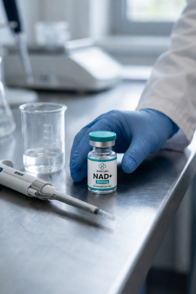 Secra Labs NAD+ 500mg research-use-only vial on a stainless steel lab bench with pipette, beaker, and gloved hand.